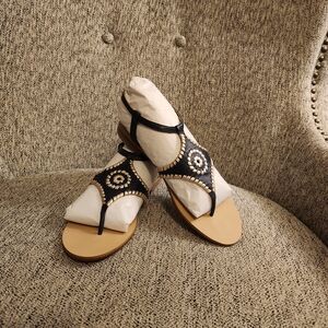 Jack Rogers Black and Tan Sandals with Medallion Accents